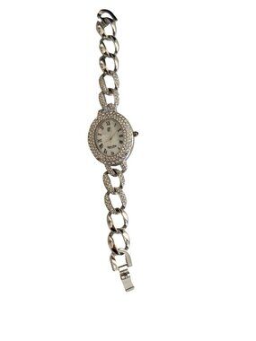 Vintage Victoria Wieck Beverly Hills Rhinestone Link Bracelet Watch Silver Tone